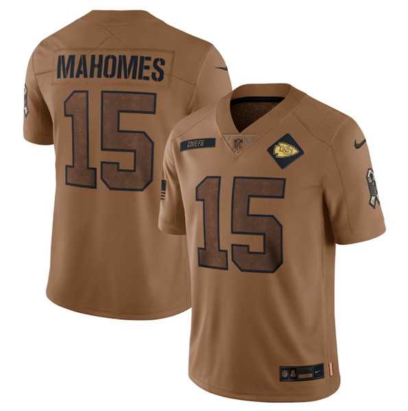 Men's Kansas City Chiefs #15 Patrick Mahomes 2023 Brown Salute To Service Limited Football Stitched Jersey Dyin